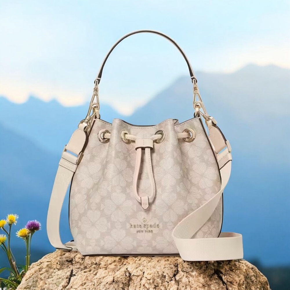 Kate Spade Flower Small Bucket Bag Dark Beige KK153 Retail $379 NWT